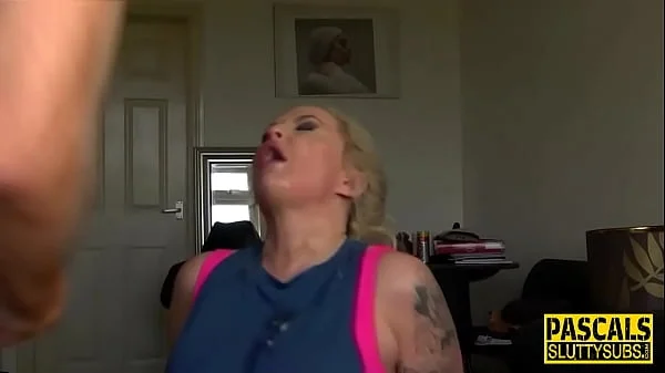 Submissive whore gagging on cock