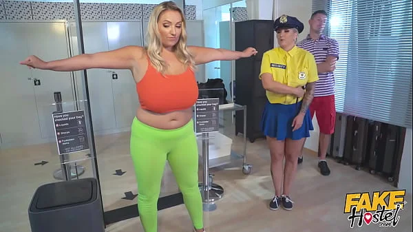 Fake Hostel - Big busty blonde cheating wife gets searched by horny BBW airport security when she finds a bottle of lube in her ass and then needs to get some lesbian boobs action before giving her an orgasm so instense she squirts on a window
