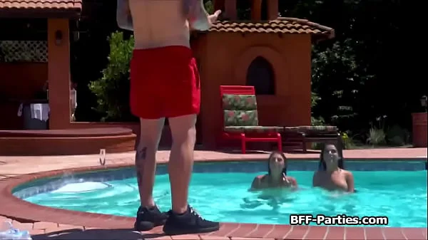 Three sexy swimmers riding one lucky dick