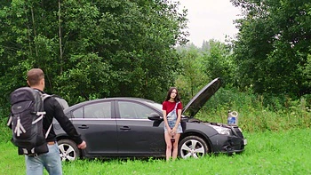 Skinny brunette teen Arwen Gold gets banged in the forest by horny couple