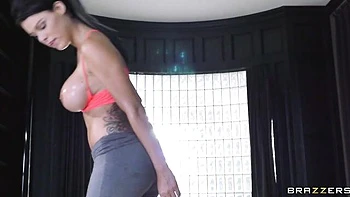 Gorgeous busty brunette Peta Jensen is jumping on a huge boner