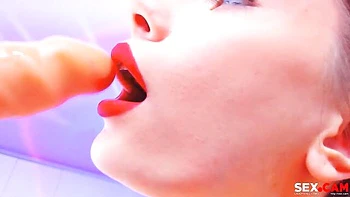 Close-up oral sloppy dildo sucking with a gorgeous brunette Passion
