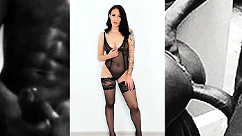 Sexy brunette babe in lingerie and stockings toys pussy