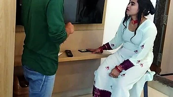 Indian homemade sex: Amanraza9 fucks 18 year old Baby Kajal's tight pussy doggy style while watching TV