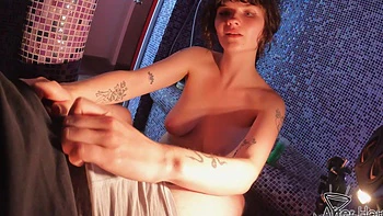 Amateur couple Sofie has big natural tits and makes a handjob