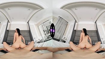 Virtual reality sex with a gorgeous brunette teen Jasmine Jayne on the bed