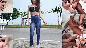 Beleza brasileira de 20 anos em gangbang com dupla DP