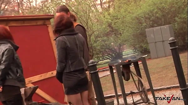 Two hotties seduce stranger from the street to have backseat car fuck