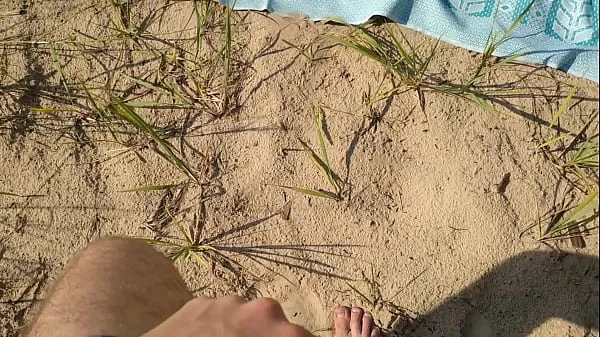 Big Dick Guy Jerks Cock Near Sunbathing Nude Beach Big Boobs Milf and He Massive Cumshot Near Her Body