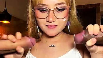 Two horny Latinas suck big cocks and take hard pounding live