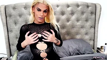 Blonde TGirl Masturbates with Dildo in Thong