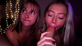 Blonde & Brunette Sluts Suck Big Cock in Neon Threesome