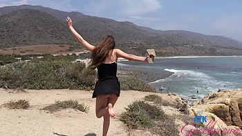 A long-haired brunette, Violet Viper, has sex outdoors in pov style.